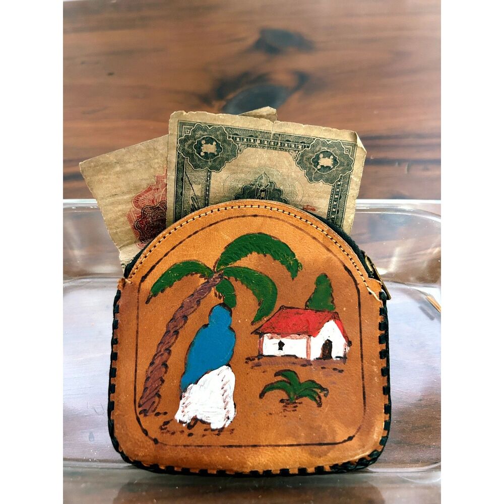 Antique Leather Coin Purse Handmade Souvenir from Mexico Hand Painted Folk Art